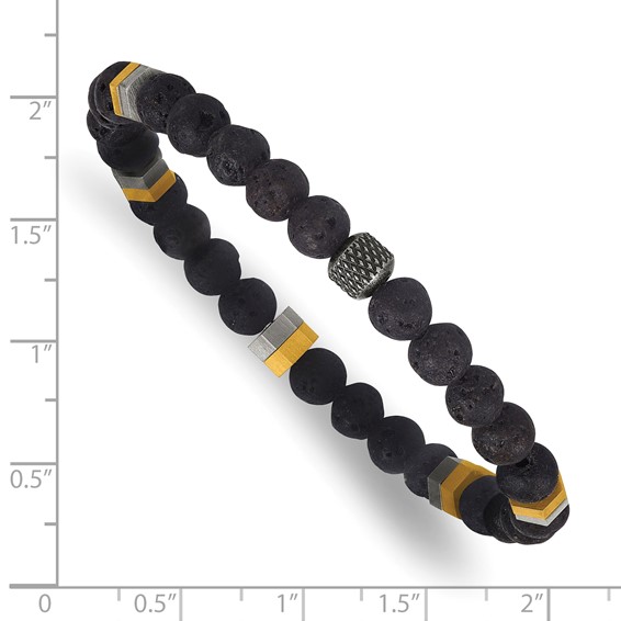 Stainless Steel Antiqued/Polished Yellow IP Lava Stone Stretch Bracelet