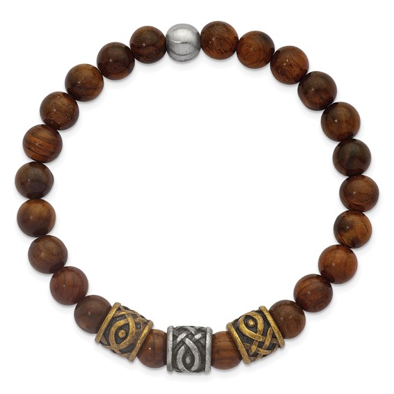 Stainless Steel Brushed Antiqued Yellow IP Wood Stretch Bracelet