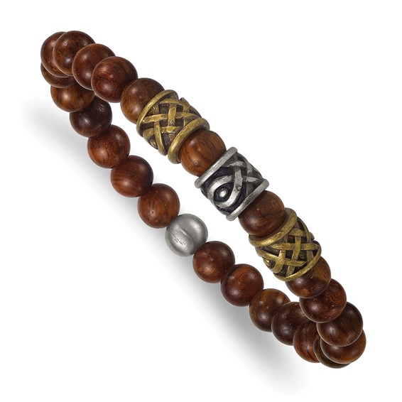 Stainless Steel Brushed Antiqued Yellow IP Wood Stretch Bracelet