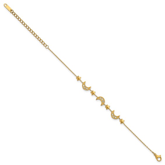 Stainless Steel Polished YellowIP Crystal Moon & Stars w/2in ext Bracelet