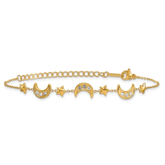 Stainless Steel Polished YellowIP Crystal Moon & Stars w/2in ext Bracelet