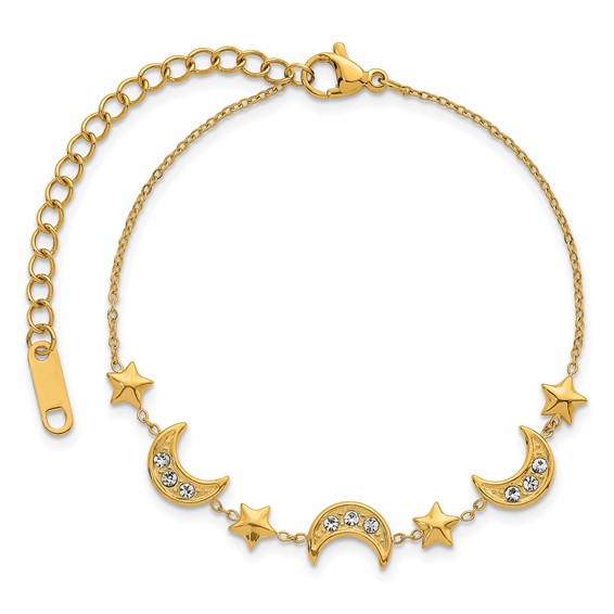 Stainless Steel Polished YellowIP Crystal Moon & Stars w/2in ext Bracelet