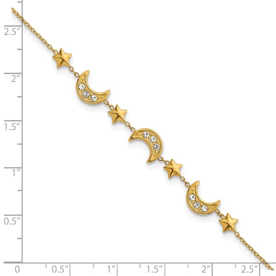 Stainless Steel Polished YellowIP Crystal Moon & Stars w/2in ext Bracelet