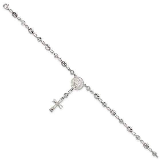 Stainless Steel with 925 Polished White CZ 7.5in Rosary Bracelet