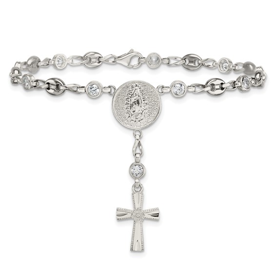 Stainless Steel with 925 Polished White CZ 7.5in Rosary Bracelet