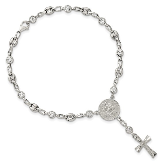 Stainless Steel with 925 Polished White CZ 7.5in Rosary Bracelet