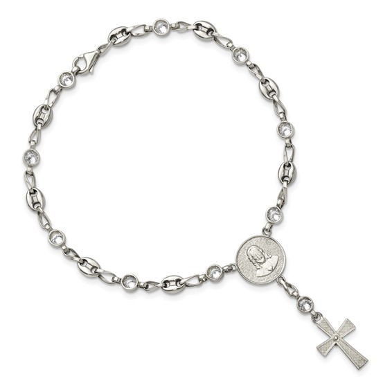 Stainless Steel with 925 Polished White CZ 7.5in Rosary Bracelet