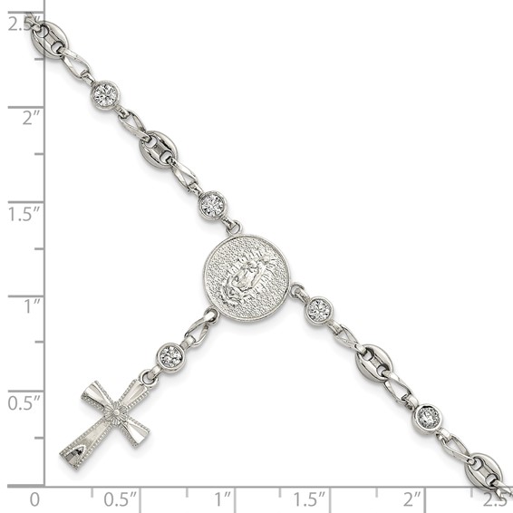 Stainless Steel with 925 Polished White CZ 7.5in Rosary Bracelet