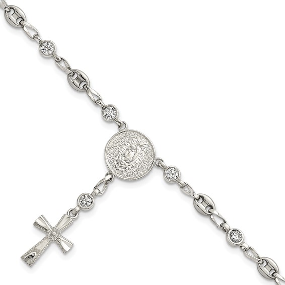Stainless Steel with 925 Polished White CZ 7.5in Rosary Bracelet