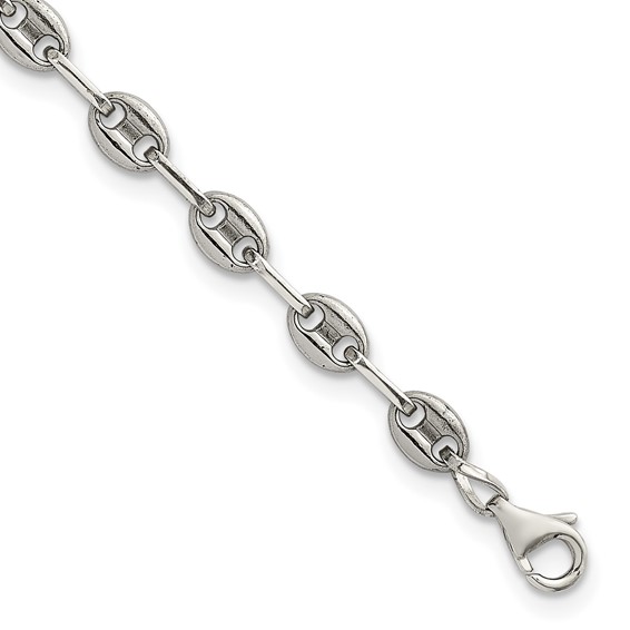Stainless Steel with 925 Polished Anchor Link 6in Bracelet