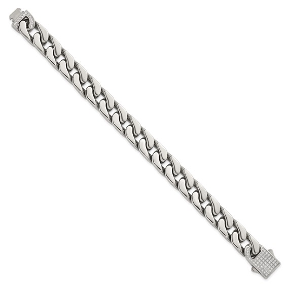 Stainless Steel Polished 12mm CZ Cable Link 8.5in Bracelet