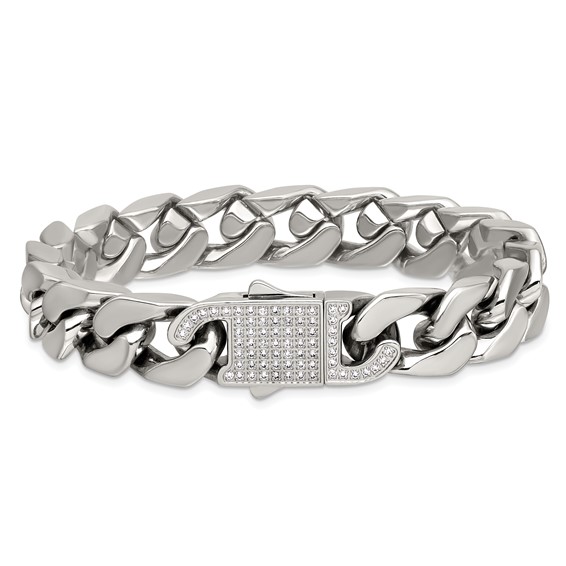 Stainless Steel Polished 12mm CZ Cable Link 8.5in Bracelet