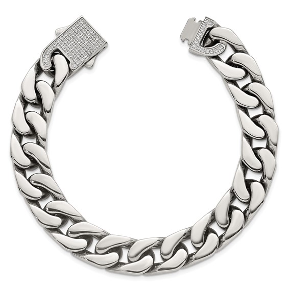 Stainless Steel Polished 12mm CZ Cable Link 8.5in Bracelet
