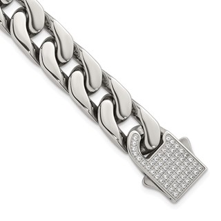 Stainless Steel Polished 12mm CZ Cable Link 8.5in Bracelet