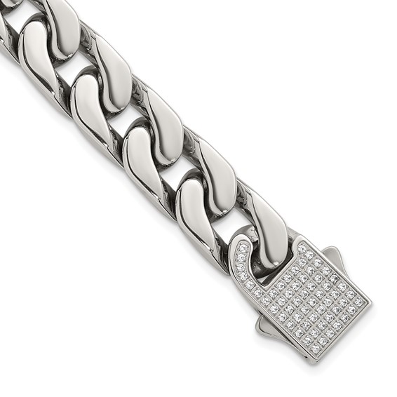 Stainless Steel Polished 12mm CZ Cable Link 8.5in Bracelet