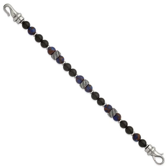 Stainless Steel Polished Antiq Blue Golden/Black Onyx Bead 8.5in Bracelet