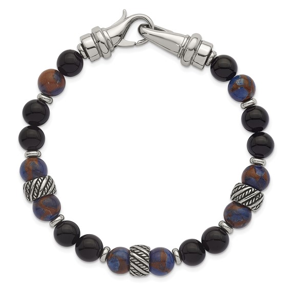 Stainless Steel Polished Antiq Blue Golden/Black Onyx Bead 8.5in Bracelet