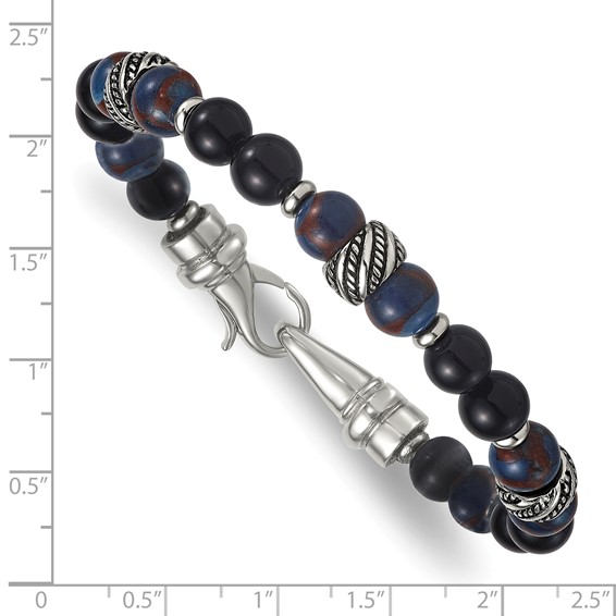 Stainless Steel Polished Antiq Blue Golden/Black Onyx Bead 8.5in Bracelet