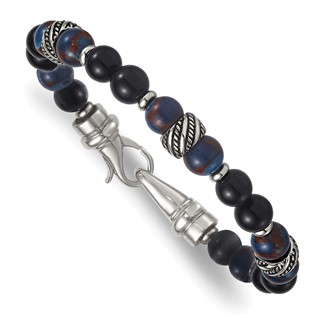 Stainless Steel Polished Antiq Blue Golden/Black Onyx Bead 8.5in Bracelet