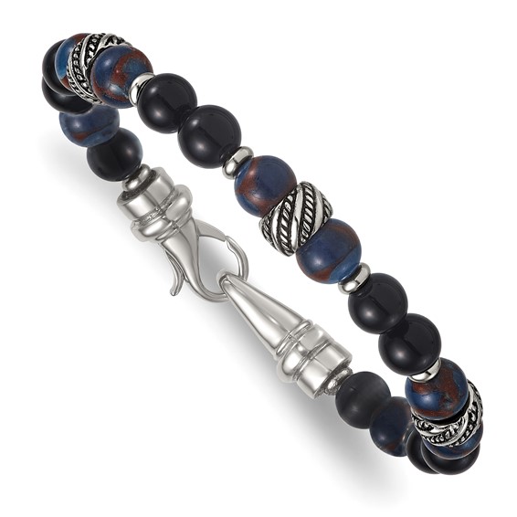 Stainless Steel Polished Antiq Blue Golden/Black Onyx Bead 8.5in Bracelet