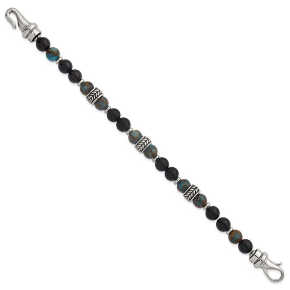 Stainless Steel Polished Antiq Lt Blue Gold/Black Onyx Bead 8.5in Bracelet