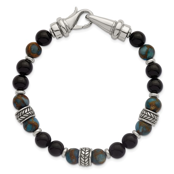 Stainless Steel Polished Antiq Lt Blue Gold/Black Onyx Bead 8.5in Bracelet