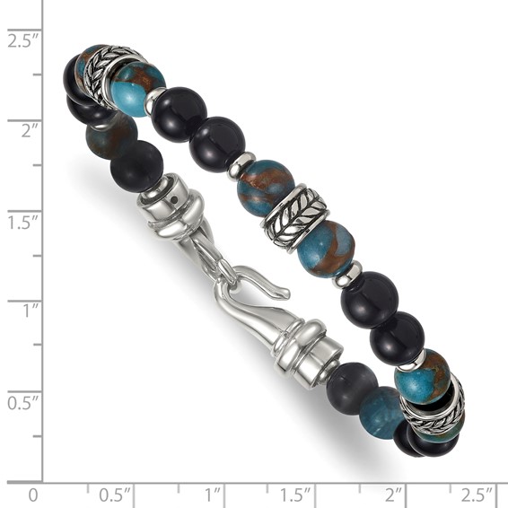 Stainless Steel Polished Antiq Lt Blue Gold/Black Onyx Bead 8.5in Bracelet