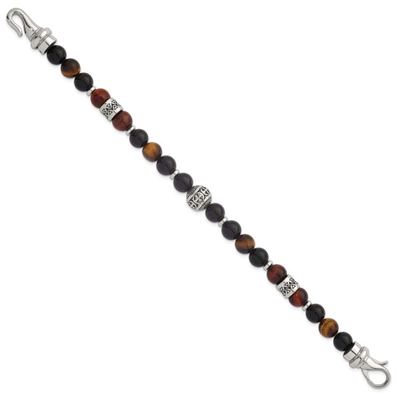 Stainless Steel Polished Tiger's Eye and Black Onyx 8.5in Bracelet
