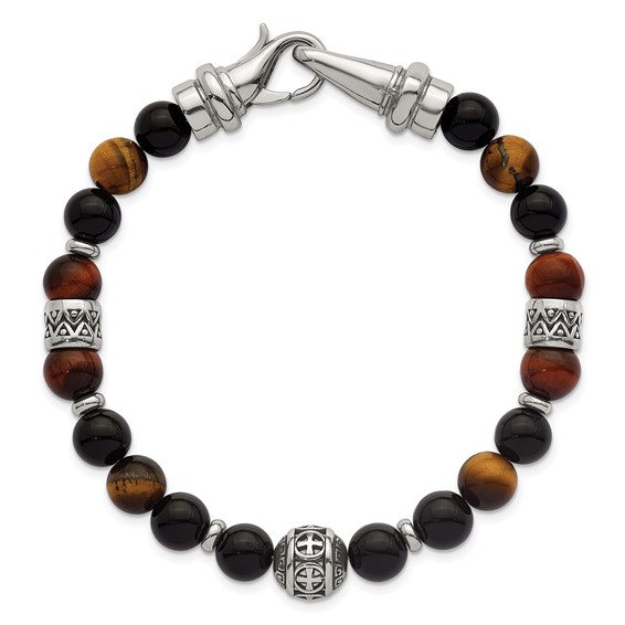 Stainless Steel Polished Tiger's Eye and Black Onyx 8.5in Bracelet
