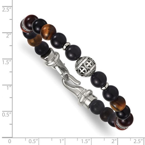 Stainless Steel Polished Tiger's Eye and Black Onyx 8.5in Bracelet