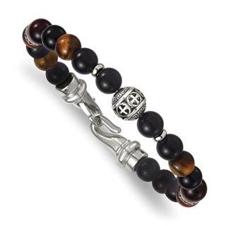 Stainless Steel Polished Tiger's Eye and Black Onyx 8.5in Bracelet