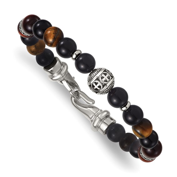 Stainless Steel Polished Tiger's Eye and Black Onyx 8.5in Bracelet