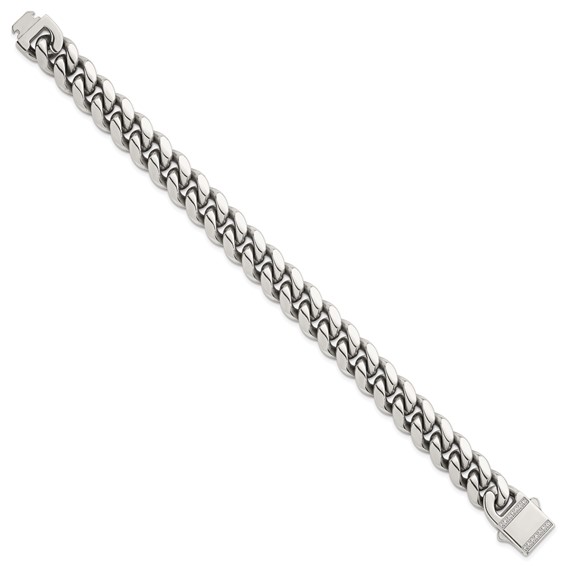 Stainless Steel Polished 12mm Curb Link w/CZ Clasp 8.25in Bracelet
