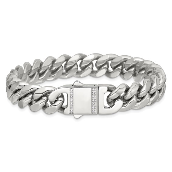Stainless Steel Polished 12mm Curb Link w/CZ Clasp 8.25in Bracelet