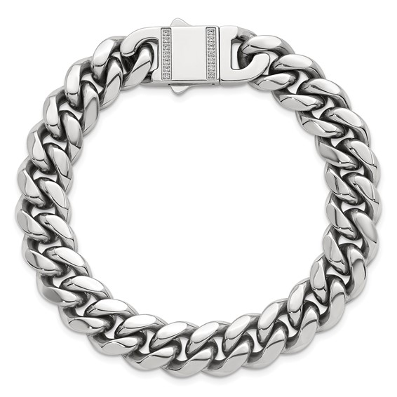 Stainless Steel Polished 12mm Curb Link w/CZ Clasp 8.25in Bracelet