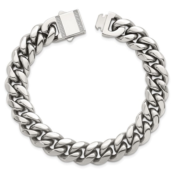 Stainless Steel Polished 12mm Curb Link w/CZ Clasp 8.25in Bracelet