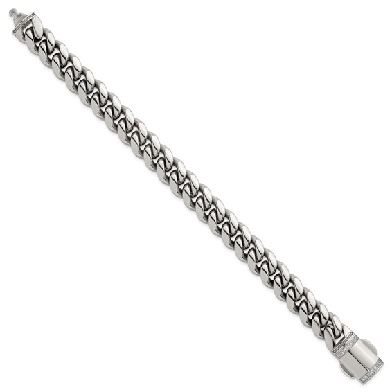 Stainless Steel Polished 12mm Curb Link w/CZ Clasp 8.25in Bracelet