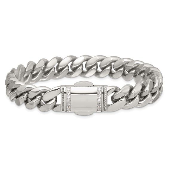 Stainless Steel Polished 12mm Curb Link w/CZ Clasp 8.25in Bracelet