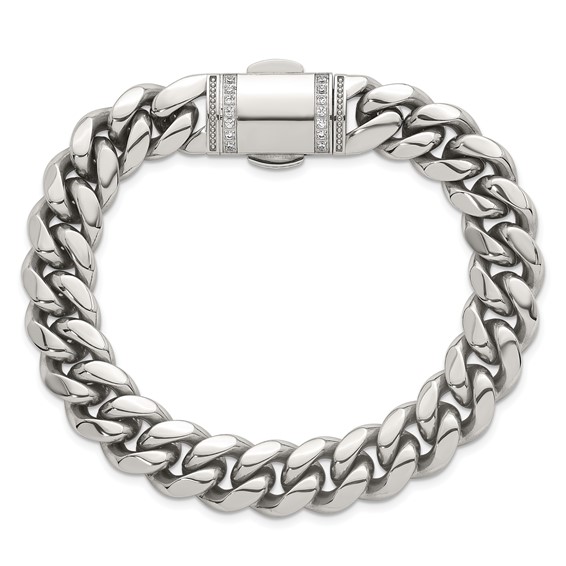 Stainless Steel Polished 12mm Curb Link w/CZ Clasp 8.25in Bracelet