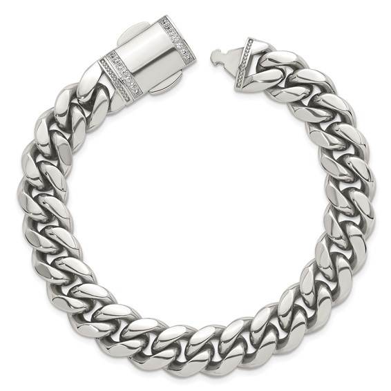 Stainless Steel Polished 12mm Curb Link w/CZ Clasp 8.25in Bracelet