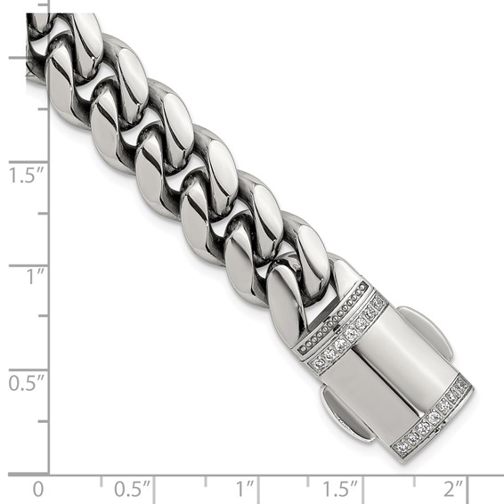 Stainless Steel Polished 12mm Curb Link w/CZ Clasp 8.25in Bracelet