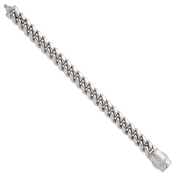 Stainless Steel Polished Curb Link w/CZ Cross Clasp 8.5in Bracelet