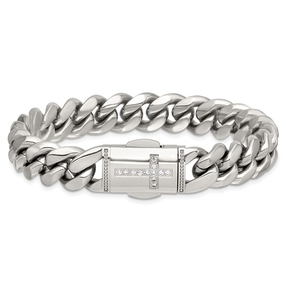 Stainless Steel Polished Curb Link w/CZ Cross Clasp 8.5in Bracelet