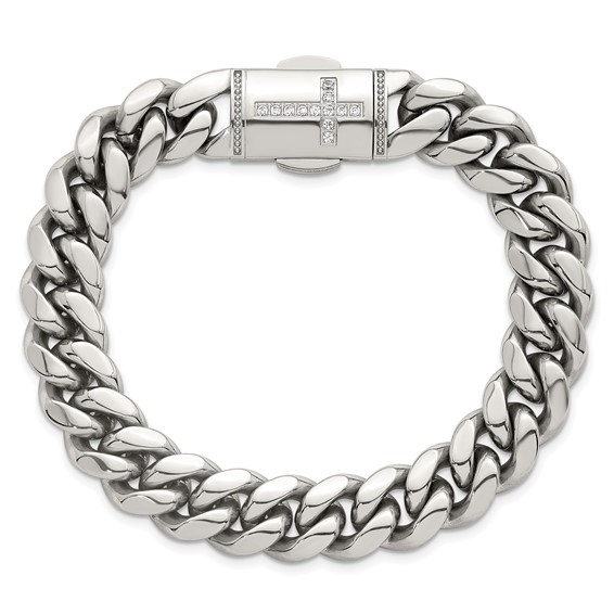 Stainless Steel Polished Curb Link w/CZ Cross Clasp 8.5in Bracelet