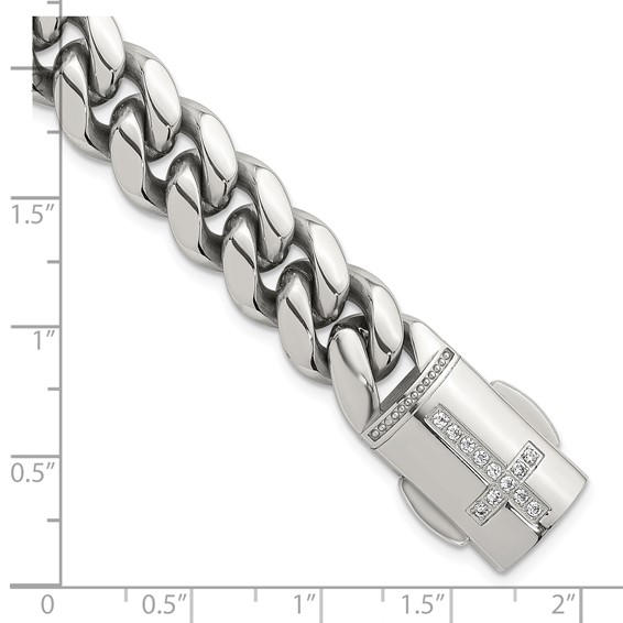 Stainless Steel Polished Curb Link w/CZ Cross Clasp 8.5in Bracelet