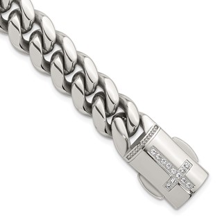 Stainless Steel Polished Curb Link w/CZ Cross Clasp 8.5in Bracelet