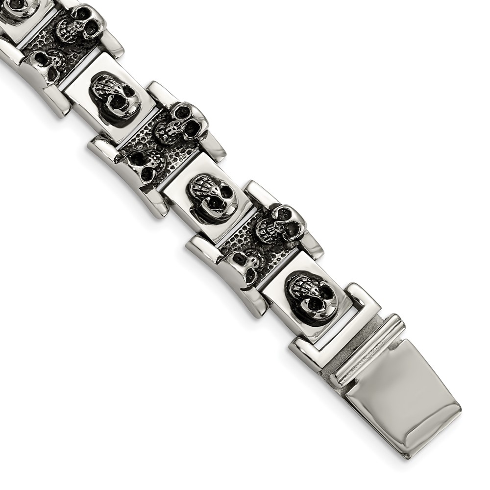 Stainless Steel Antiqued and Polished Skulls 8.25in Bracelet