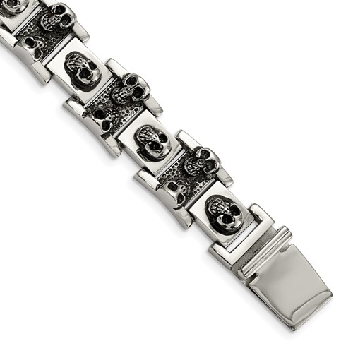 Chisel Stainless Steel Antiqued and Polished Skull Link Bracelet, 8.25"