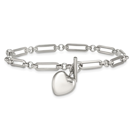 Stainless Steel Polished 3-D  Dangle Heart 4.5mm Link 7.5in Bracelet