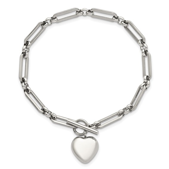 Stainless Steel Polished 3-D  Dangle Heart 4.5mm Link 7.5in Bracelet